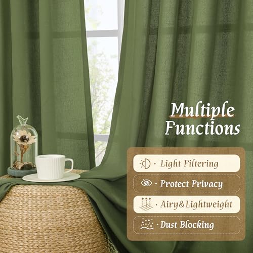 Light Filtering Linen Curtains 63 inches Long for Bedroom 2 Panels (Olive Green-1 / 52"W x 63"L (Pack of 2))