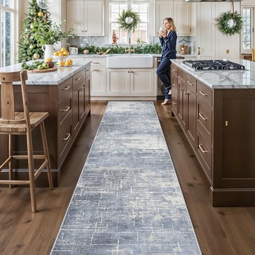 Washable Abstract 14ft Runner Rug (2'6" x 14' (Rectangular) / Blue/Ivory)