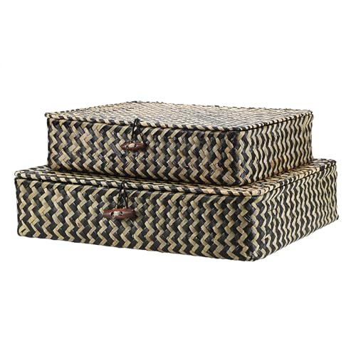 2Pcs Flat Wicker Woven Basket with Lid Natural Seagrass Storage Box (Small+Large / Black)