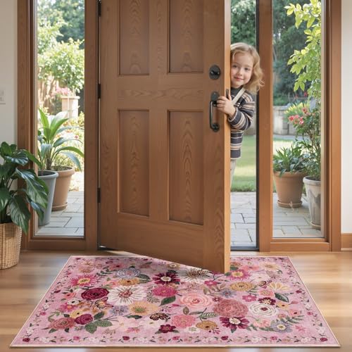 Pink Garden Floral Hallway Runner Rug 2x5 for Bedroom Kitchen (Pink / 2' x 5' (Rectangular))