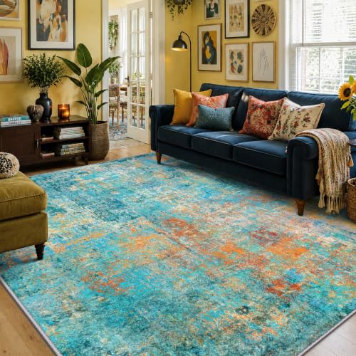 Washable 5'x8' Abstract Area Rug for Living Room Teal Multi (Teal Blue/Green/Orange / 5' x 8' (Rectangular))