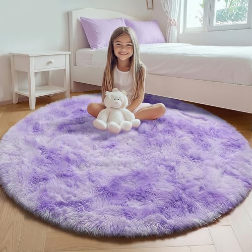 Tie Dye Purple Fluffy Round Rug Circle Area Rugs 4ft for Girl Kids Bedroom (Colorful Purple / 4' (Round))