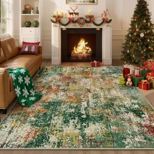 Washable 5'x8' Abstract Area Rug for Living Room Green Multi (Green/Orange/Red/Blue / 5' x 8' (Rectangular))