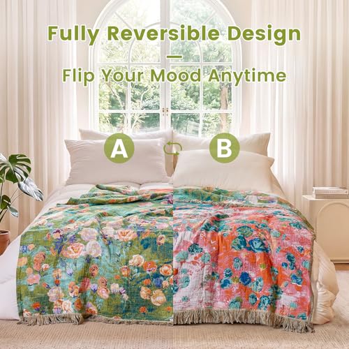 Boho Throw Blanket 50"x60" Cotton Floral Muslin Blanket for Sofa (Green Garden / 50"x60")