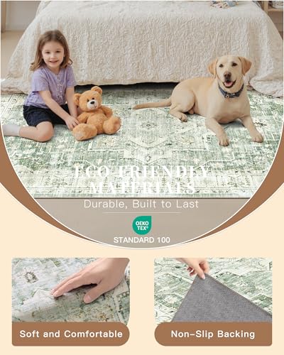 Washable Runner Rugs 2x10 Long for Hallway Kitchen (Green/Ivory / 2' x 10' (Runner))