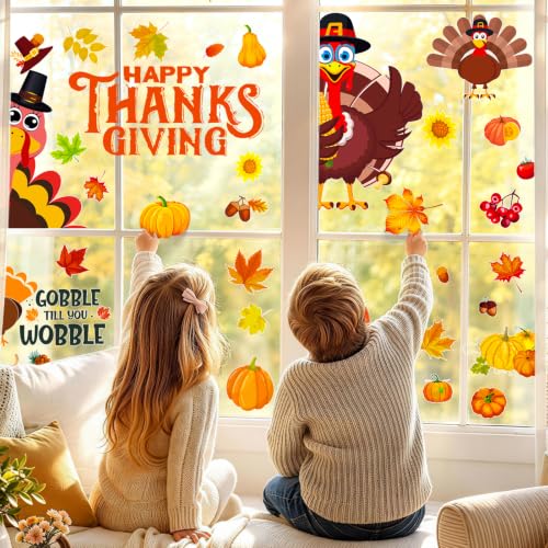 Fall Thanksgiving Window Clings Static Window Decal for Fall Décor (Brown, Yellow)