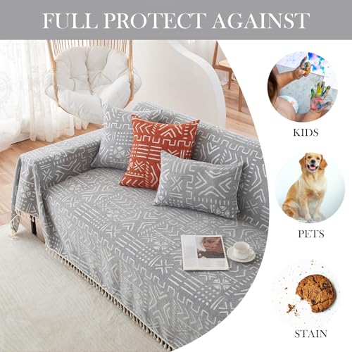 Bohemian Grey and White Couch Cover for Dogs Aztec Tribal Sofa Covers for 3 Cushion Couch Aesthetic Tassel Couch Slipcover Sofa Seat Cover Universal Loverseat Cover Futon Cover (71" x 150" / Tassel 2:grey/White)