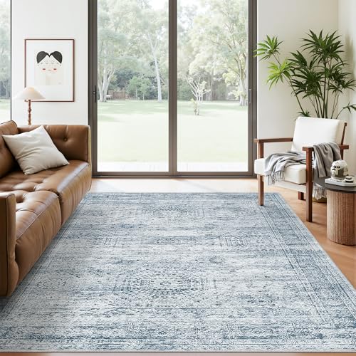 5x7 Area Rugs Blue Low Pile Washable Trendy Faded Style Rug (Blue / 5' x 7' (Rectangular))