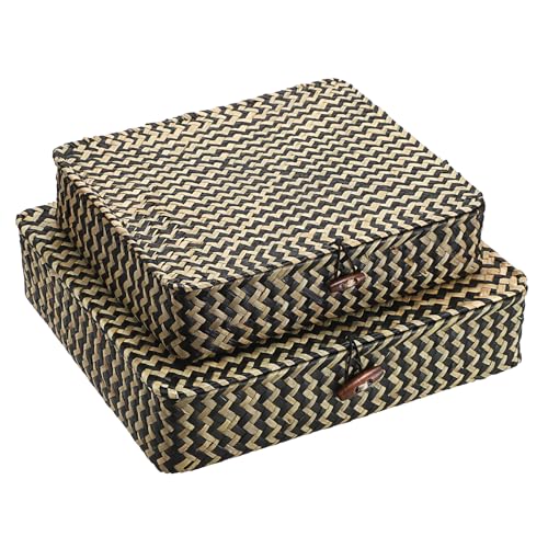 2Pcs Flat Wicker Woven Basket with Lid Natural Seagrass Storage Box (Small+Large / Black)