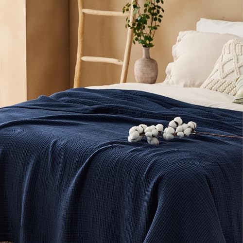100% Cotton Muslin Blanket Queen Size for Bed (08 - Navy Blue / Queen (90" X 90"))