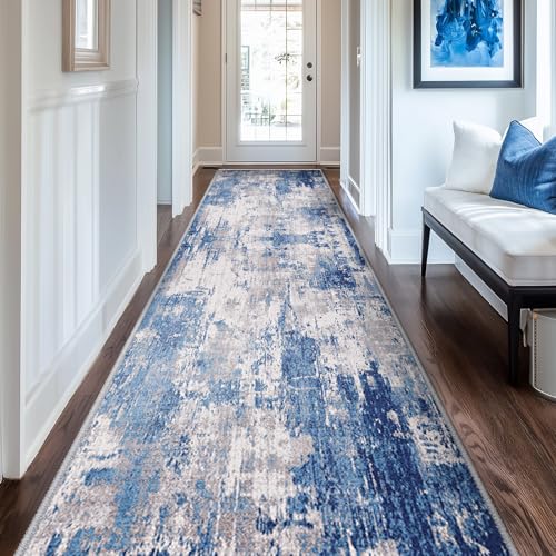 Washable Runner 2'x10' Abstract Area Rug for Hallway Blue Gray (Blue/Gray / 2' x 10' (Runner))