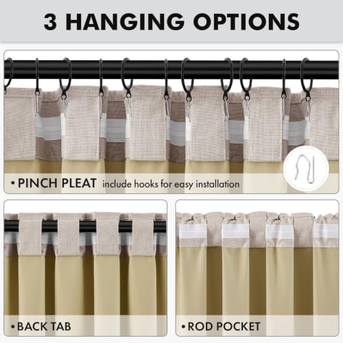 100% Blackout Linen Curtains for Bedroom 42 x 96 Inch Khaki 2 Panels (Khaki / 42"W x 96"L (Pack of 2))