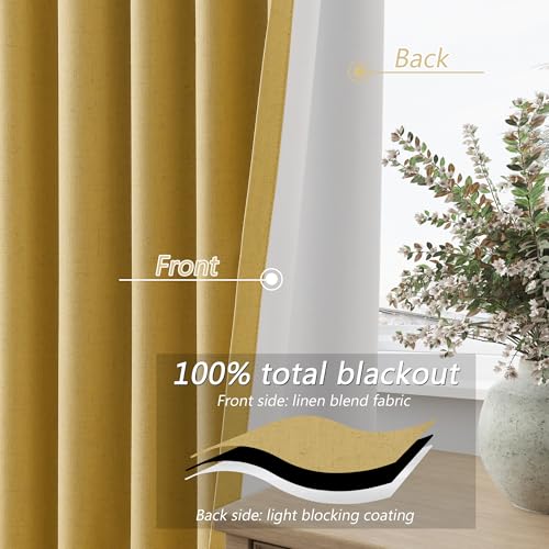 Gold 100% Blackout Linen Curtains 84 Inch Length 2 Panels Set for Living Room Bedroom Back Tab Thermal Insulated Black Out Drapes Room Darkening Farmhouse Style for Bedroom Window Curtains 52x84 (Gold / 52"W x 84"L (Pack of 2))