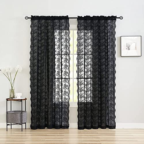 Vintage Lace Curtains 72 inch Length Goth Black Floral Sheer Sidelight Curtains for Front Door Coffin (Black / 52"W x 72"L (Pack of 2))