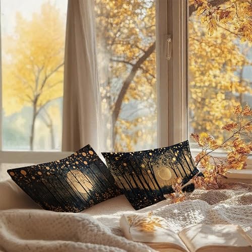 Rustic William Morris Inspired Gold Moon Pillow Covers 12x20 Set of 2 (Forest-black and Gold 26 / 20" x 12" (Pack of 1))