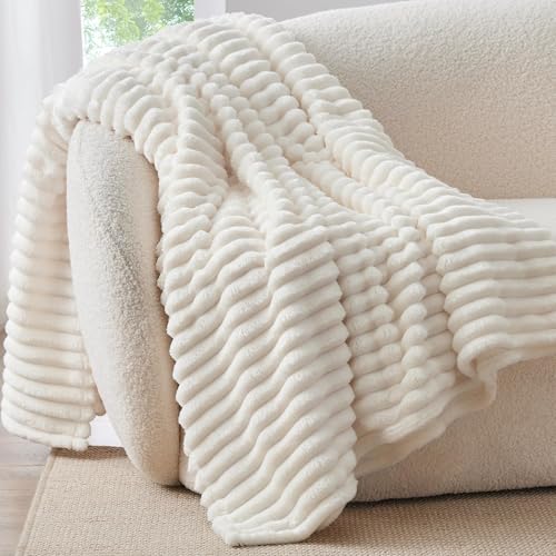 Ribbed Fleece Throw Blanket for Couch (Cream / Throw(50"x60"))