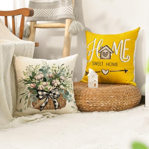 Bless Our Home Farmhouse Eucalyptus Leaves Throw Pillow Covers (Yellow / 20" x 20" (Pack of 4))