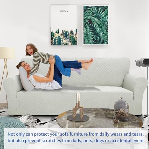 1 Piece Jacquard Couch Covers for 3 Cushion Couch Living Room High Stretch Sofa Cover Pets Dogs Friendly Anti Slip Thickened Slipcovers Furniture Protector (Large (71"-90") / Ivory)