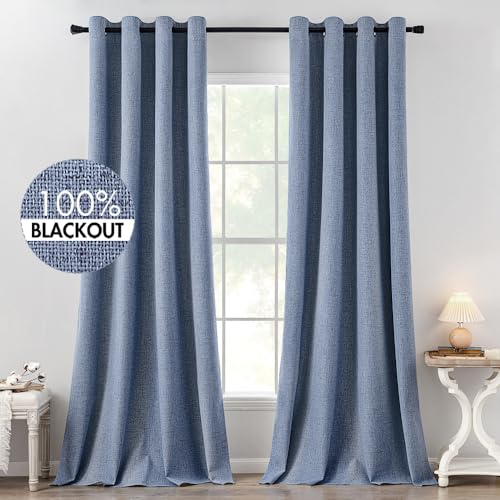 100% Blackout Linen Curtains for Bedroom 52x120 Inches Stone Blue (Stone Blue / 52"W x 120"L (Pack of 2))