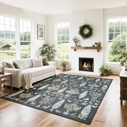 Washable Rugs 8x10 Area Rug for Living Room (8' x 10' (Rectangular) / Tree of Life- Dark Green)
