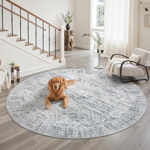 Round Rugs 8ft Living Room Circle Area Rug 8x8 Grey Vintage (Grey / 8' (Round))