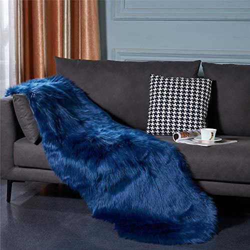Ultra Soft Fluffy Shaggy Area Rug Faux Fur Rug Chair Cover Seat Pad Fuzzy Area Rug for Bedroom Floor Sofa Living Room (Dark Blue / 2' x 6' (Sheepskin))