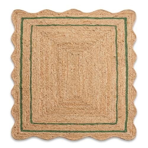 Natural Jute Area Rug Classic Braided Design Soft Textured Durable Easy Clean Low Pile Rug for Living Room Nursery Bedroom Modern Home (Green / 5x8 Feet)