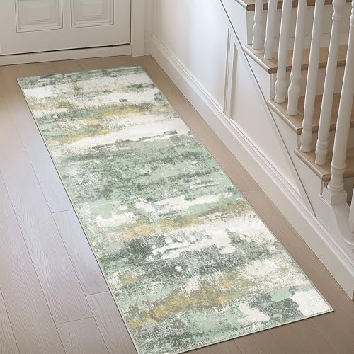 2x10 Green Abstract Runner Rug (Light Green/Cream / 2' x 10' (Rectangular))