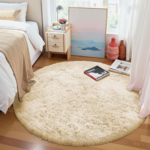 Cream Round Rugs for Bedroom (4 Ft Round / Cream)
