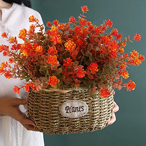 Artificial Fall Mums Flowers No Fade Faux Autumn Plants Outdoor 8Pc (Green Orange / 8 Pcs)