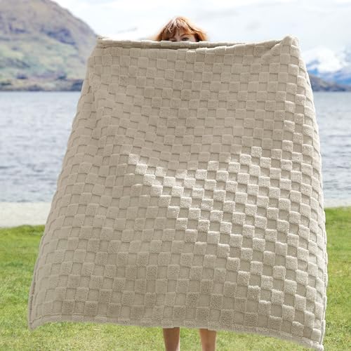 Checkered Soft Beige Throw Blanket for Couch (Oatmeal / Throw (50" X 60"))