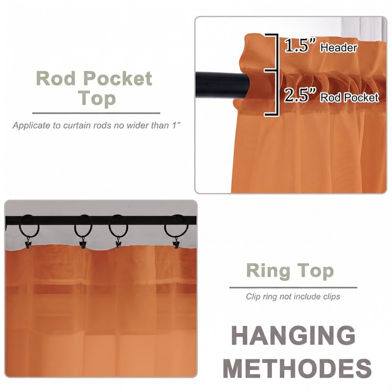 Orange Sheer Curtains 84 Inch Long 2 Panels for Living Room 59" Wide (Orange / 59"W x 84"L (Pack of 2))