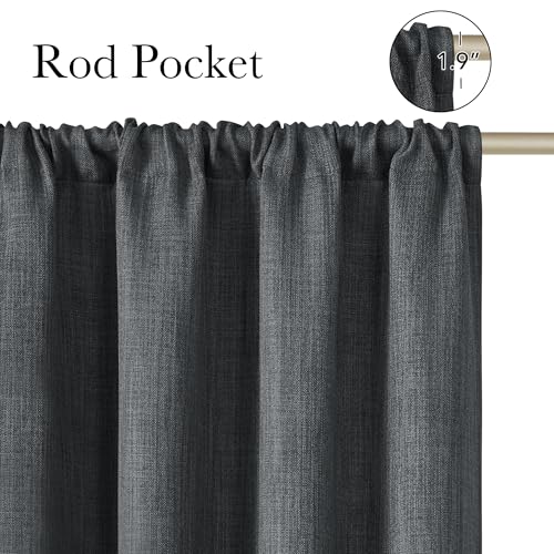 Charcoal Gray Faux Linen Room Darkening Rod Pocket Curtains 63 inch Length (Linen Charcoal Gray / 42"W x 63"L (Pack of 2))