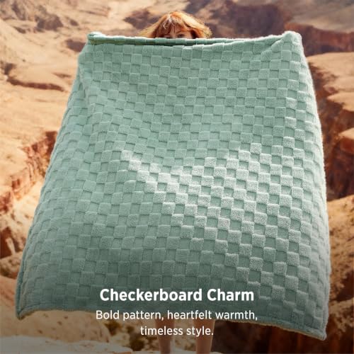 Checkered Fleece Soft Cozy Throw Blankets (01 Sage Green / Throw XL (50" X 70"))