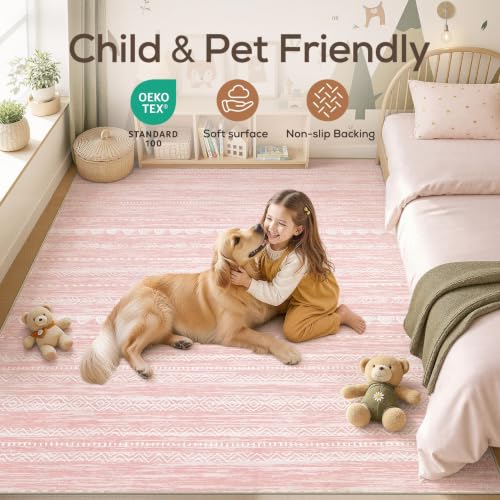 Boho 4x6 Pink Area Rug Living Room Rugs Machine Washable (Pink / 4' X 6' (Rectangular))