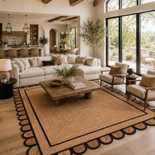 Scalloped Natural Jute Area Rug 5x8 Ft (Black / 5' x 8' (Rectangular))