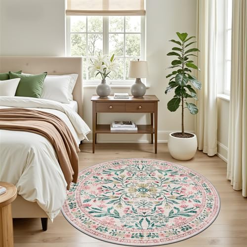 Round Area Rug Living Room (Pink/Green / 4' (Round))