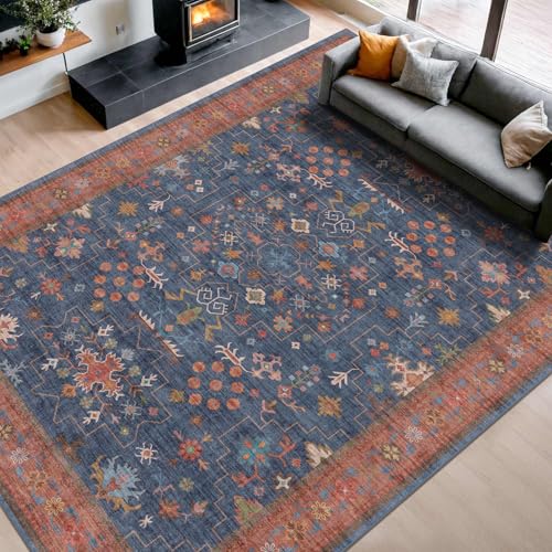 Boho Navy Blue 10x14 Area Rug for Living Room (10' x 14' (Rectangular) / Blue / Terracotta)