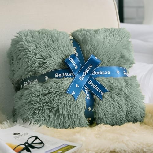 Faux Fur Fluffy Sherpa Throw Blanket Couch Twin Sage Green 60"x80" (12- Sage Green / Twin (60" X 80"))