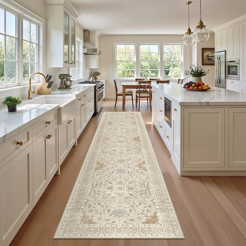 Washable Runner Rugs 2x10 Long for Hallway Kitchen (Beige/Blue / 2' x 10' (Runner))