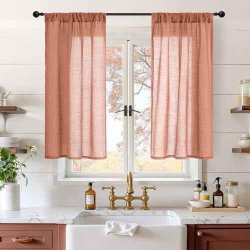 Linen Short Curtains 40 Inch Length for Window (Terracotta / 30"W x 40"L (Pack of 2))