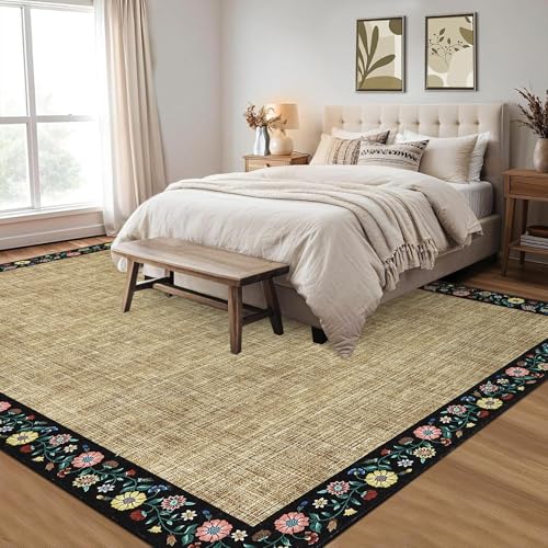 Washable Living Room Rug 9x12 Floral Bordered Area Rugs Soft Thin Indoor Carpet for Bedroom Modern Throw Aesthetic Mat Non Slip Stain Resistant Carpet for Dining Room Office (Flax/Black / 9' x 12' (Rectangular))