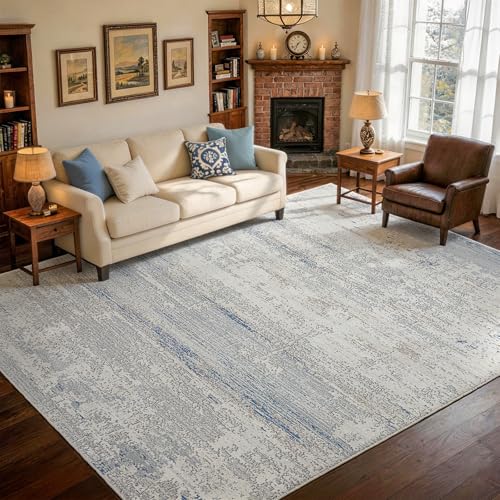 Neutral Washable Rugs 9x12 Area Rugs for Living Room (9' x 12' (Rectangular) / Blue-griege-brown-beige-white)