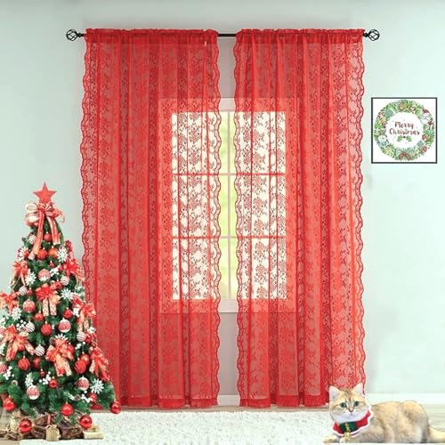 Vintage Lace Curtains 72 Inch Length 2 Panels for Bedroom (Red / 52"W x 72"L (Pack of 2))