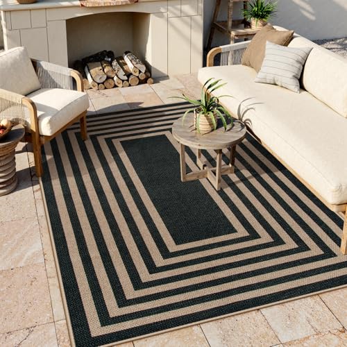 Modern Geometric Easy Jute Outdoor Rug (5' x 7' (Rectangular) / Black/Nature Border)