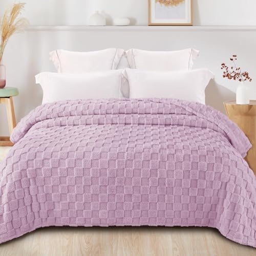 3D Checkered Fleece Queen Blanket for Bed (Light Purple / Queen (90"x90"))