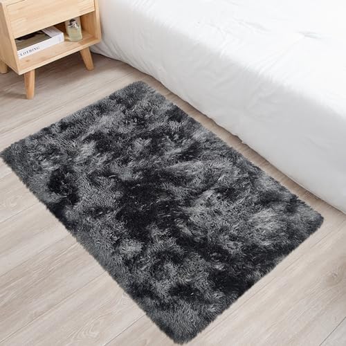 Small Tie Dyed Area Rug for Bedroom 2x3 Mini Black Grey Fluffy Rug Mat Bedside Throw Rug for Kids Room Boys Teens Nursery Baby Dorm Living Room Home Decor Aesthetic Carpets (Tie-dyed Black Grey / 2' x 3' (Rectangular))