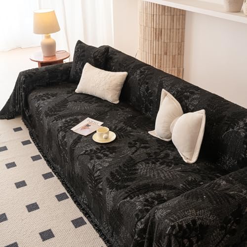 Washable Couch Covers for Sofa Boho Couch Covers for 3 Cushion Sofa Pet Friendly Black Chenille Jacquard Couch Protector for Dogs Plant Branch Sectional Cover Sofa Slipcovers (71" x 150" / U: Black)