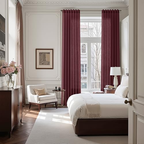 Burgundy Linen Curtains 132 Inch Length for Living Room Light Filtering Semi Sheer Curtain Back Tab Vintage Boho Decor Drapes Floor to Ceiling High Window for Bedroom 52x132 (52"W x 132"L (Pack of 2) / Burgundy)