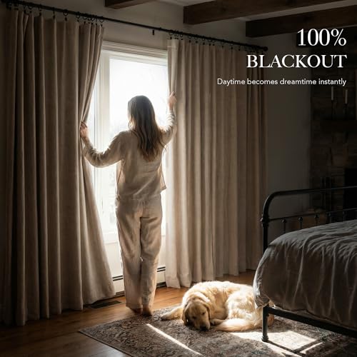 Burlap Linen Textured 100% Blackout Curtains 108 Inches for Loft (Burlap / 52"W x 108"L (Pack of 2))